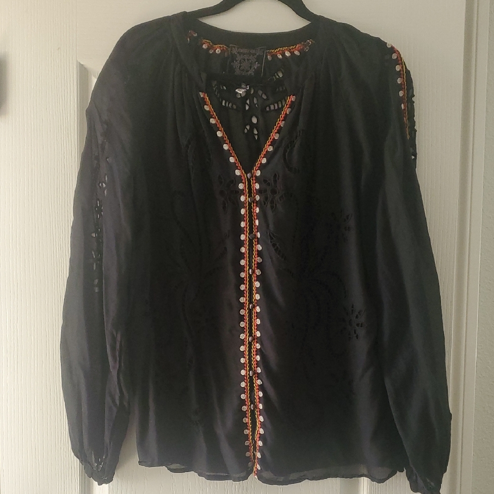 Johnny Was Black Embellished Long Sleeve Blouse